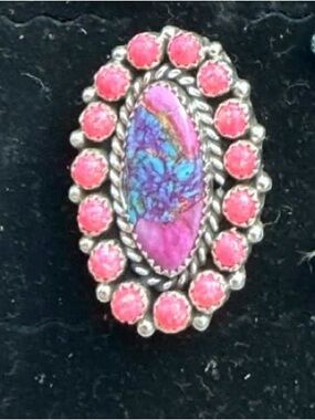 Native made pink dahlia and pink opal adjustable ring by Farrin Begay